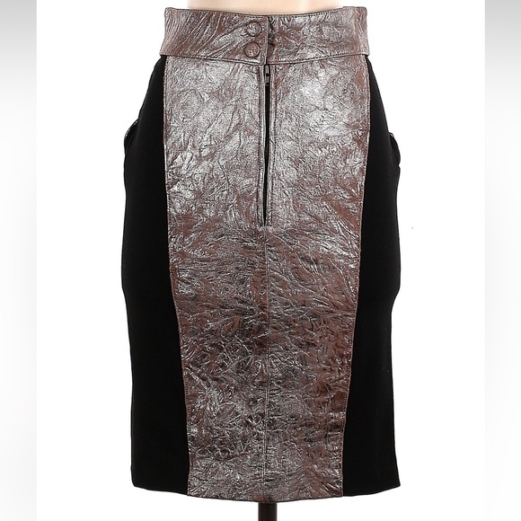 CATHERINE MALANDRINO Black Brown Leather Contrasted Pencil Skirt Size 4 Small S - Picture 2 of 6